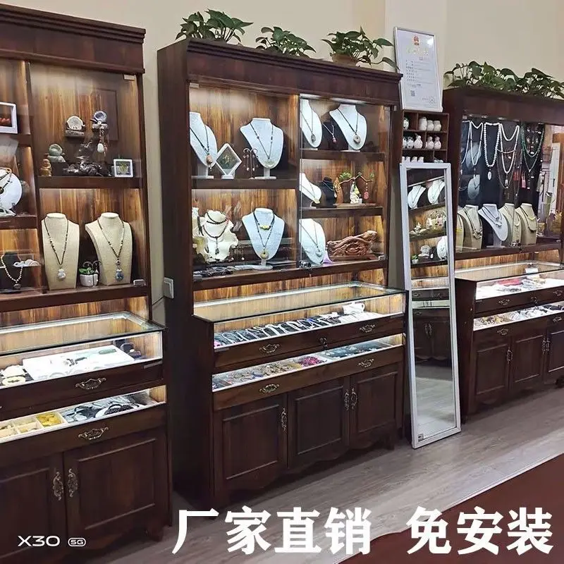 

Custom. [3147 People] Retro Solid Wood Jewelry Box Display Cabinet Antique Jade Transparent Showcase Jewelry Beeswax