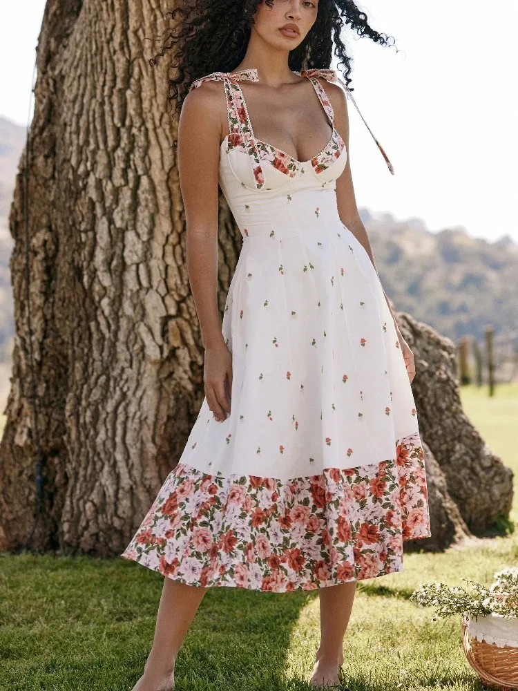 Boho 빈티지 꽃 미디 드레스 여성 화이트 코튼 스트랩 민소매 붕대 직업 숙녀 여름 섹시한 드레스 Vestidos New