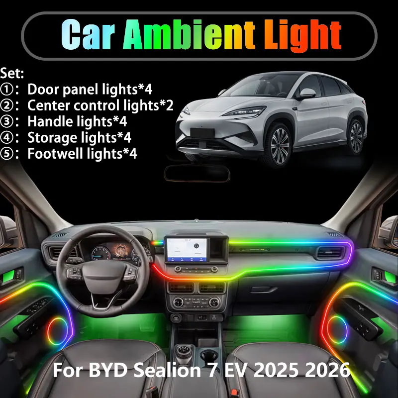 

For BYD Sealion 7 EV 2025 2026 2/18 in 1 Car ambient lighting Led trunk interior led lights USB RGB Ensemble Streamer Auto Parts