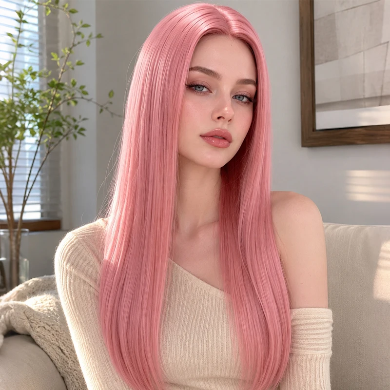 Elegant 28-inch pink long straight synthetic wig, neatly styled with a center part, creating a sophisticated look for women.