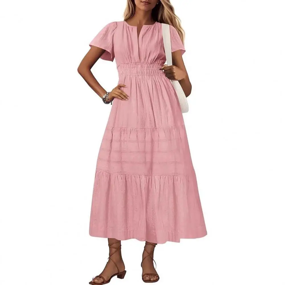 Sway Dress ชุดเดรสแม็กซี่เดรสคอวีหรูหราพร้อมเอวสม็อคฉัตร Flowy Design สําหรับผู้หญิงฤดูร้อนชุดเดรสยาวจีบสั้น
