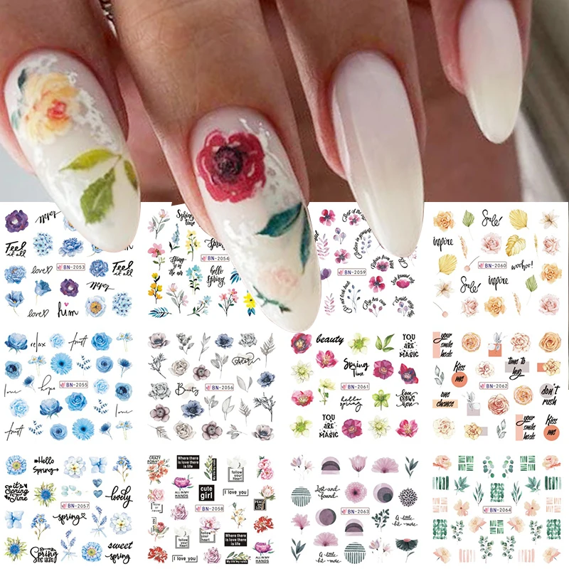 12Pcs/Set Green Leaf Nail Water Decals Floral Fruits Leaves Slider Nail Lines Transfer Foils Spring Summer Nail Stickers