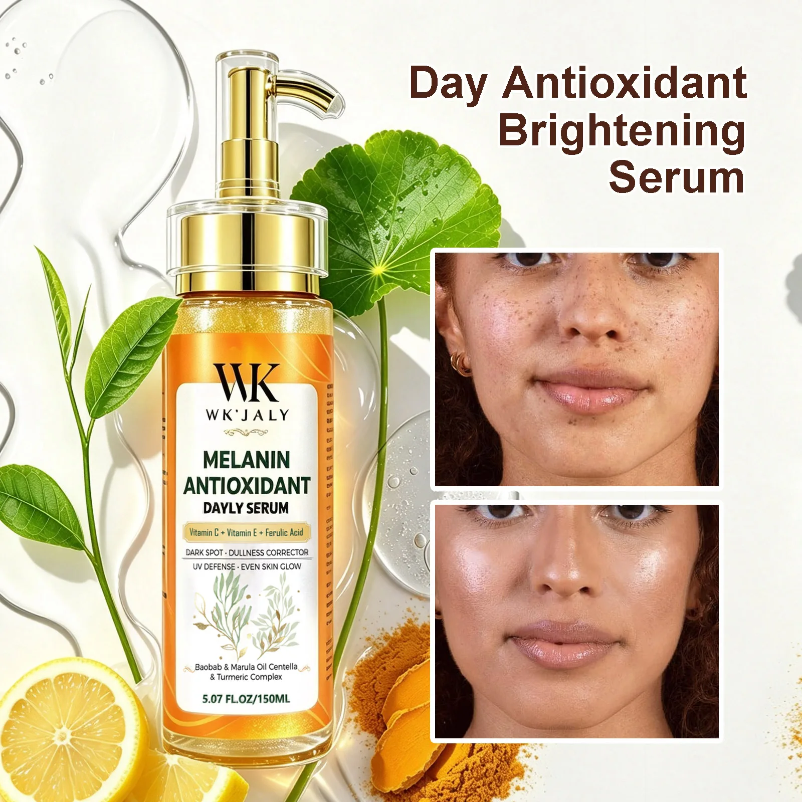 WK JALY Melanin Antioxidant Daily Serum, With Baobab Oil, Marula Oil, Dark Spots Dullness Corrector, Even Skin Glow Essence