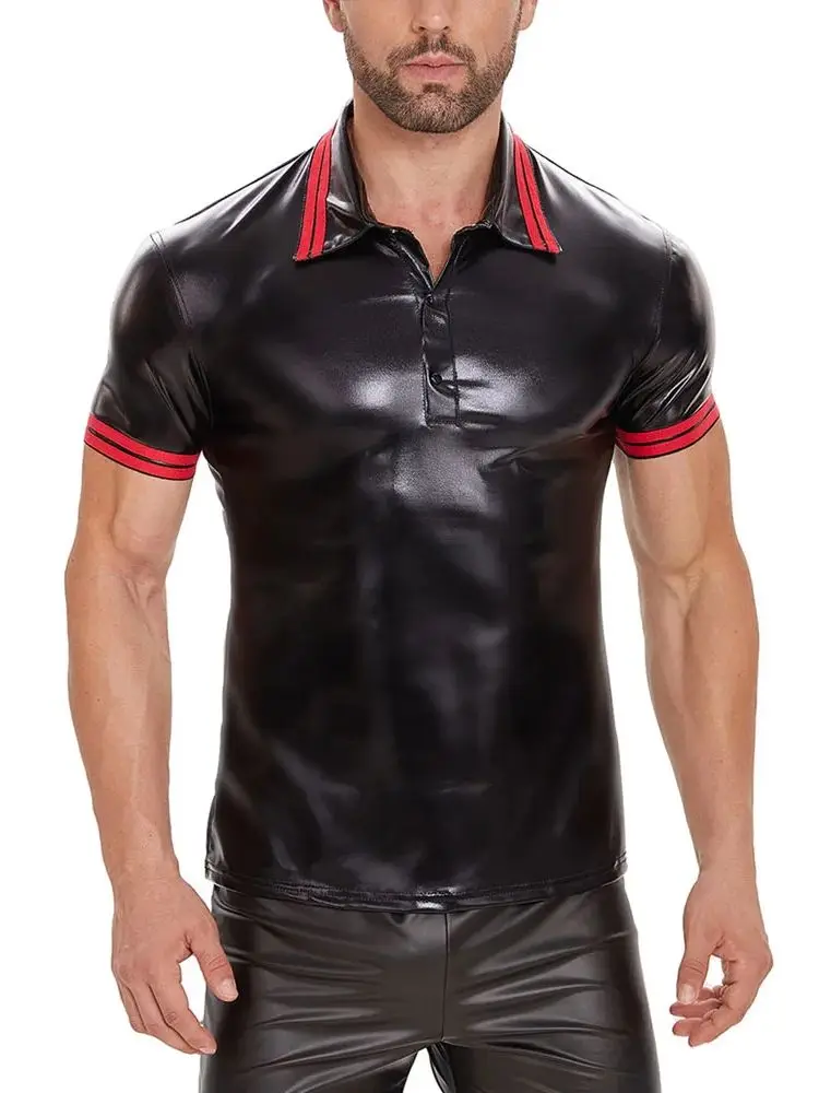 S-5XL Shiny Faux PU Leather Short Sleeve T Shirt Men Turn Down Collar Tshirt Tights Cosplay Hot Shapers Muscle Tees Clubwear Top