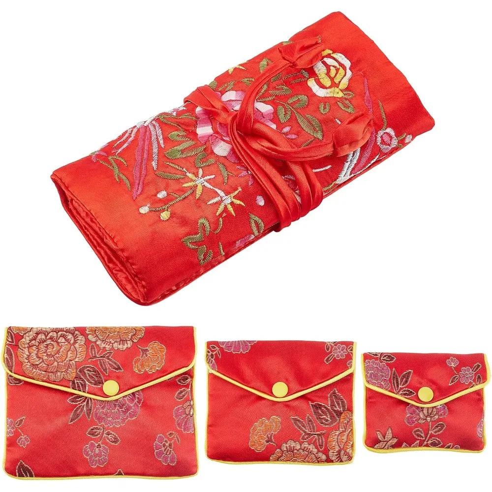 

4 Pcs Jewelry Silk Purse Pouchs, 4 Styles Vintage Flower Embroidery Damask Cloth Roll Chinese Style Brocade Organizer