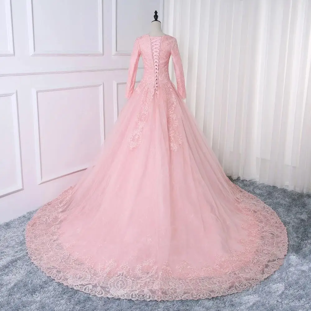 Auf Zhu Rosa Spitze Muslimischen Hochzeit Kleid Ballkleid Langarm Prinzessin Hochzeit Kleider Für Frauen 2023 Braut Vestidos De noiva