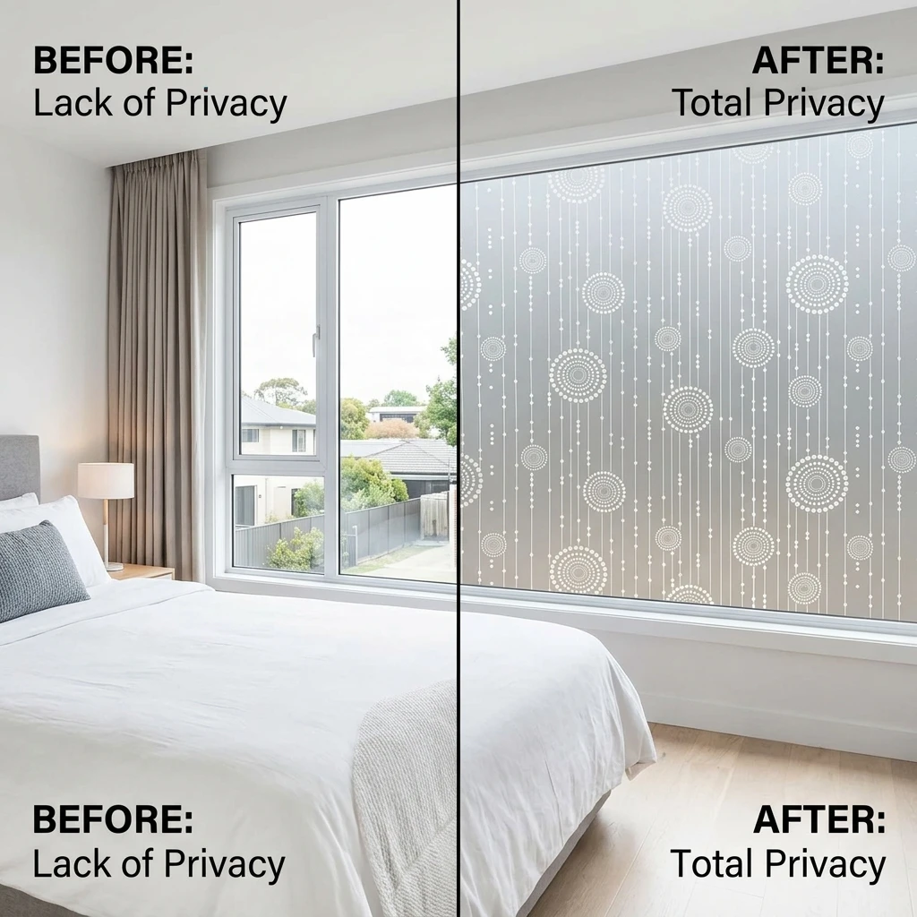 Minimalist Grey Frosted Geometric Privacy Window Film with White Circle Dot Design - Built-In Adhesive Soft Light Filter - Cutta