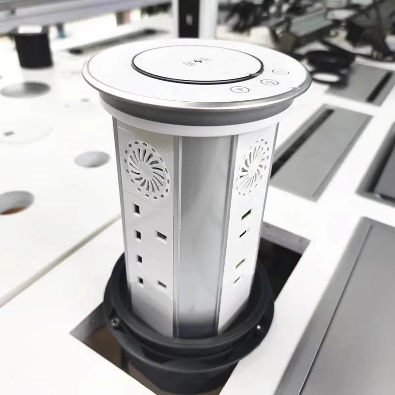 

Glass Top 4 Side IP65 Waterproof Smart WIFI Control 3 Layer 6 Power Outlet Motorized Wireless Speaker Pop up Tower Socket