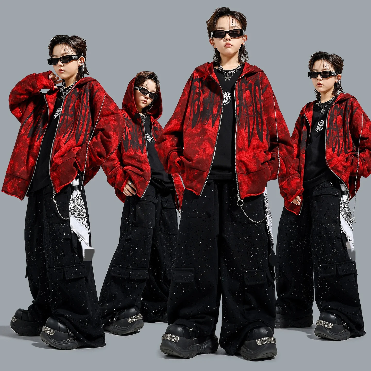 Kids Hip Hop Dance Clothes Boys Red Hooded Coat Green Pants Autumn Winter Street Dance Outfit Long Sleeves Jazz Costume