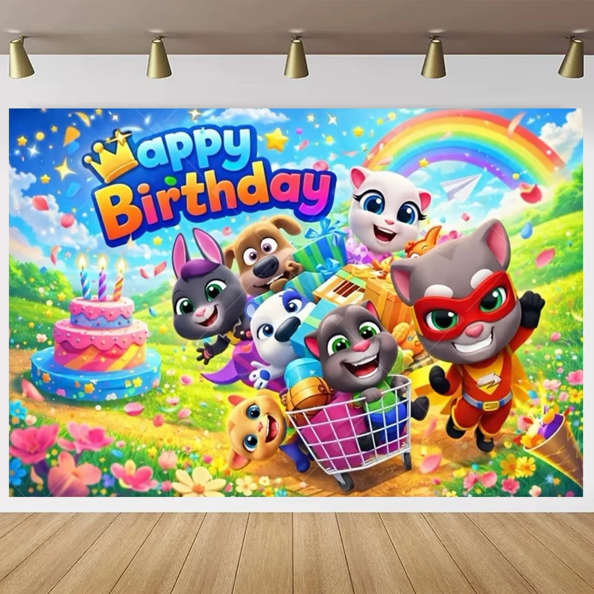 Talking Toms Friends Happy Birthday Hintergrund Cartoon Katze Hund Regenbogen Foto-Banner Kindergeburtstag Party Deko Fotorequisiten – Detail 8