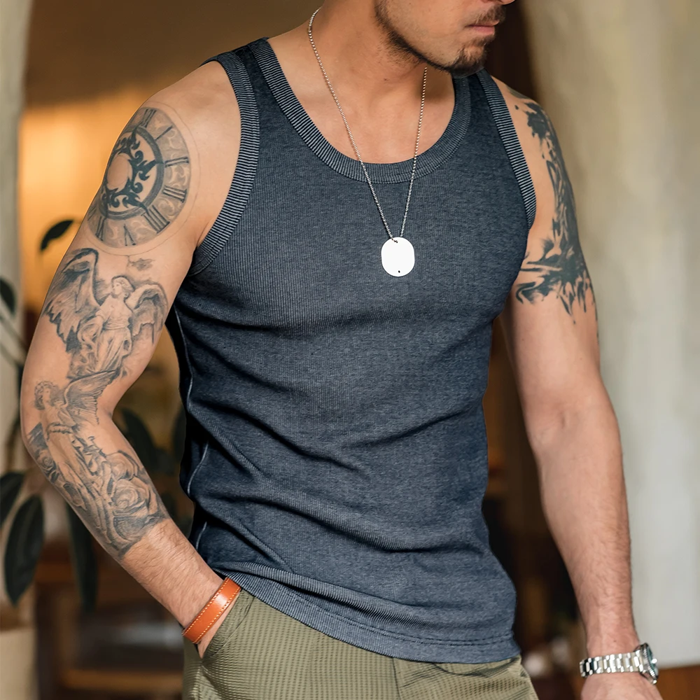 Maden Retro Solid Color Slim Sleeveless Cotton Vest T-Shirt Sports Fitness Threaded Inner Bottoming Shirt for Men's Summer Tank