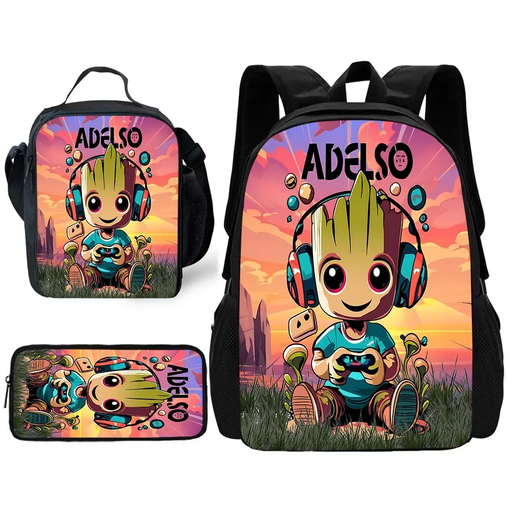 Rocket Raccoons Groots Marvels Child School Backpack with Lunch Bags ,Pencil Bags ,School Bags for Boys and Girls Best Gift