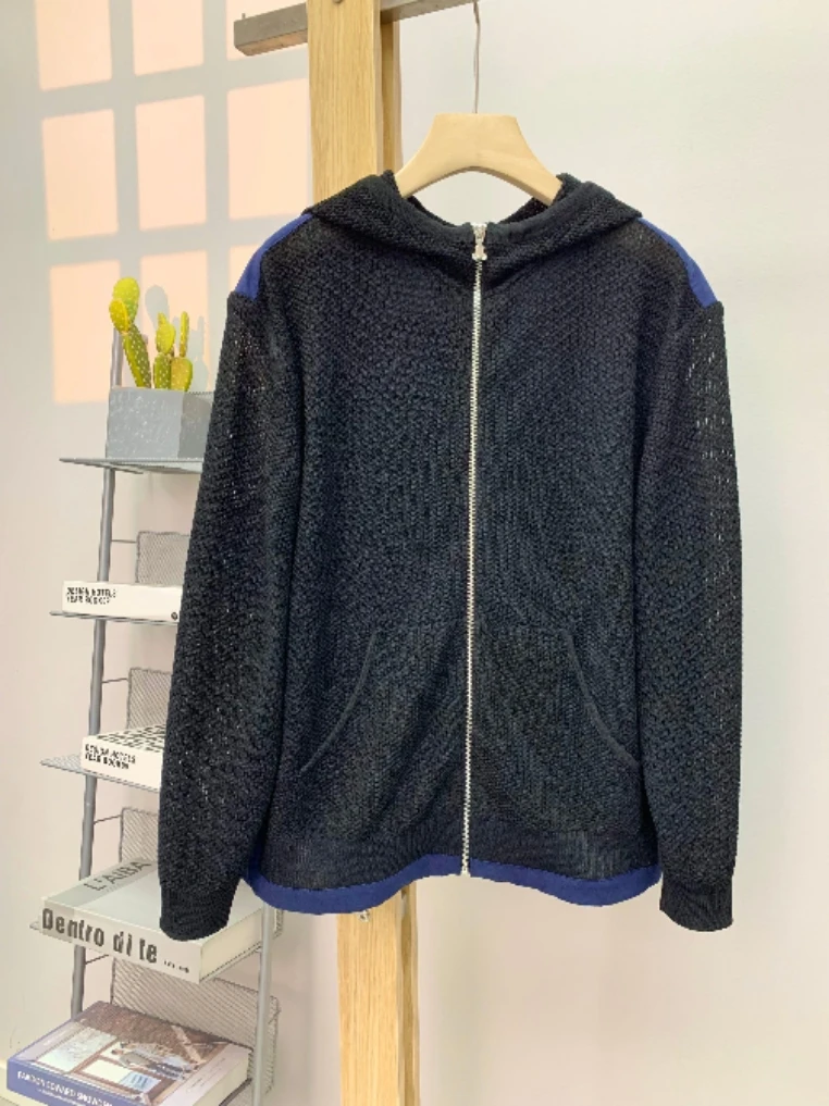 Coreano Sle Casual Allentato Lavorato A Maglia Splice Cardigan Aperto Estate Nuovo Arrivo delle Donne Faion Dimagrante Lungo Sve Cerniera Felpa Con Cappuccio