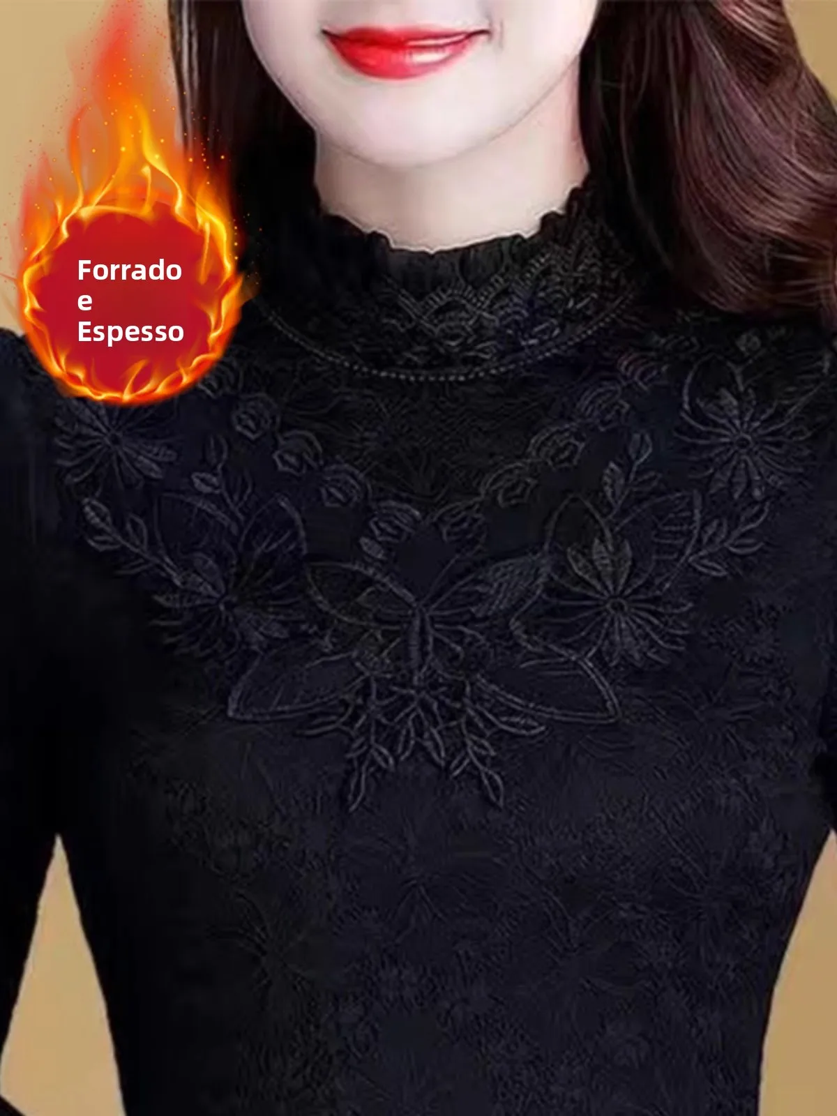 秋冬プラスサイズ女性用レースベースtシャツ裏地付き厚手長袖tシャツスリム暖かいトップカラーピン