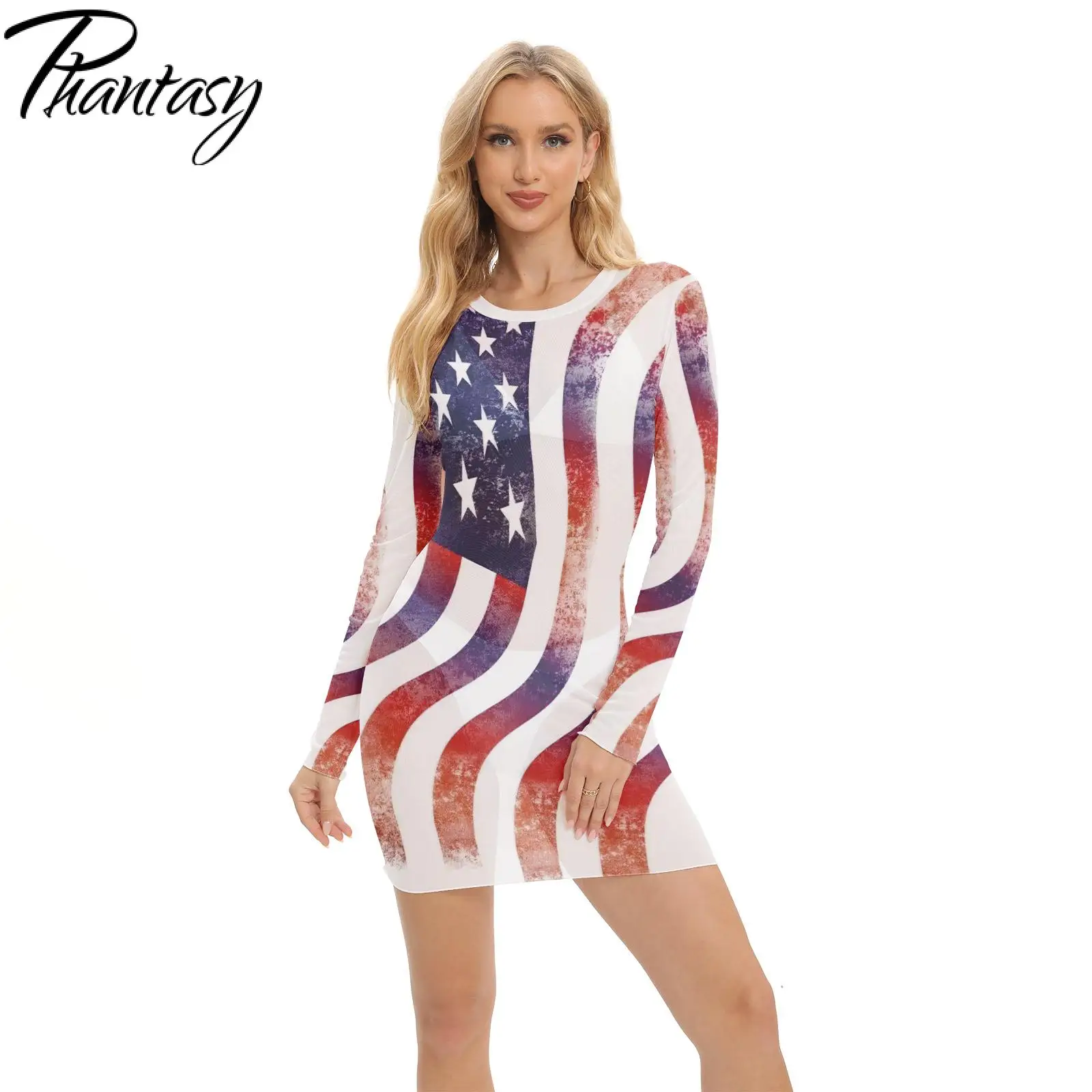 Phantasy Holiday Mini Dress Women Mesh Visible Crewneck Sheath Dresses Flag Pattern 3D Printe Wear Casual Spring Summer Clothing