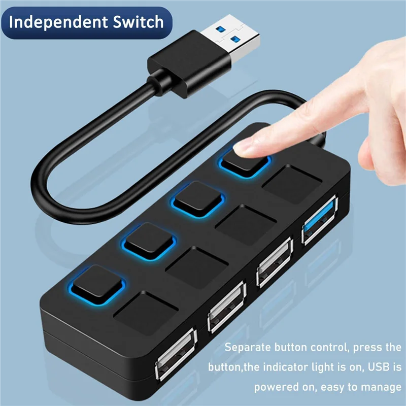 4 Ports USB 3.0 Hub with Individual LED Lit Power Switches USB HUB Adapter Expander Multi USB Splitter for Mac PC