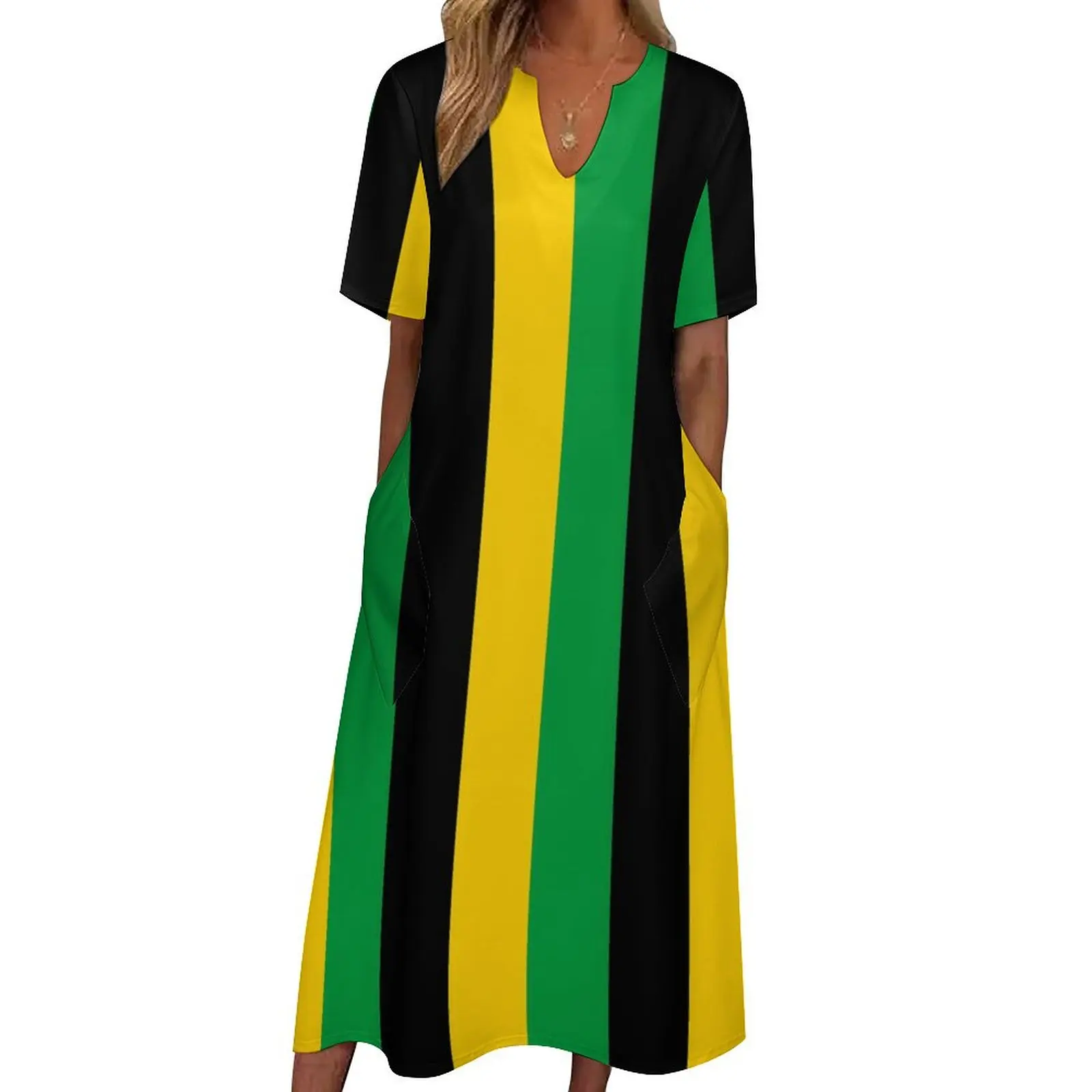 

Jamaica Flag Print Dress Spring Vertical Striped Street Wear Boho Beach Long Dresses Women Graphic Vintage Maxi Dress Big Size