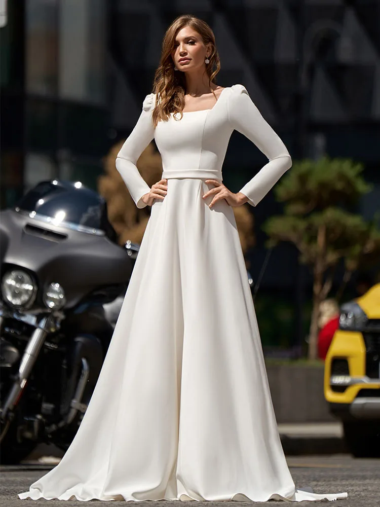 Civil Wedding Dresses for Bride with Slit Simple Square Neck Long Sleeve Bridal Gown Corset A Line Customizable