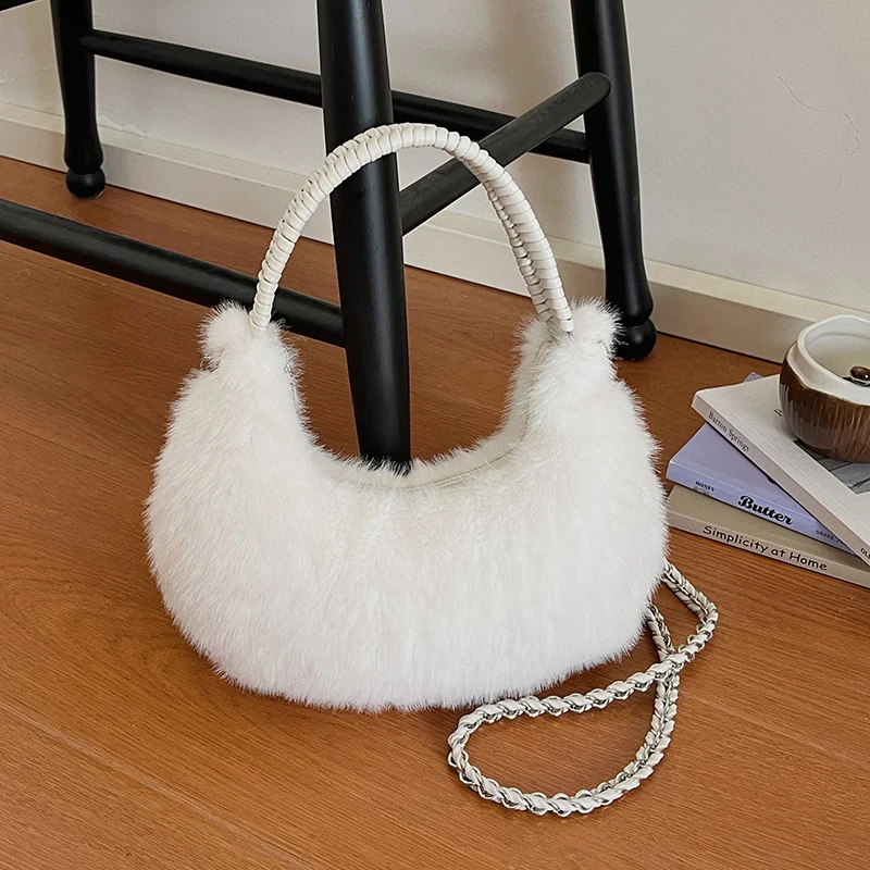 Halbmond-Design Lammwoll-Handtasche Clutch für Damen 2026 Winter Weiche Flauschige Handtasche Halbkreis-Plüsch-Umhängetasche Bolsa – Detail 28