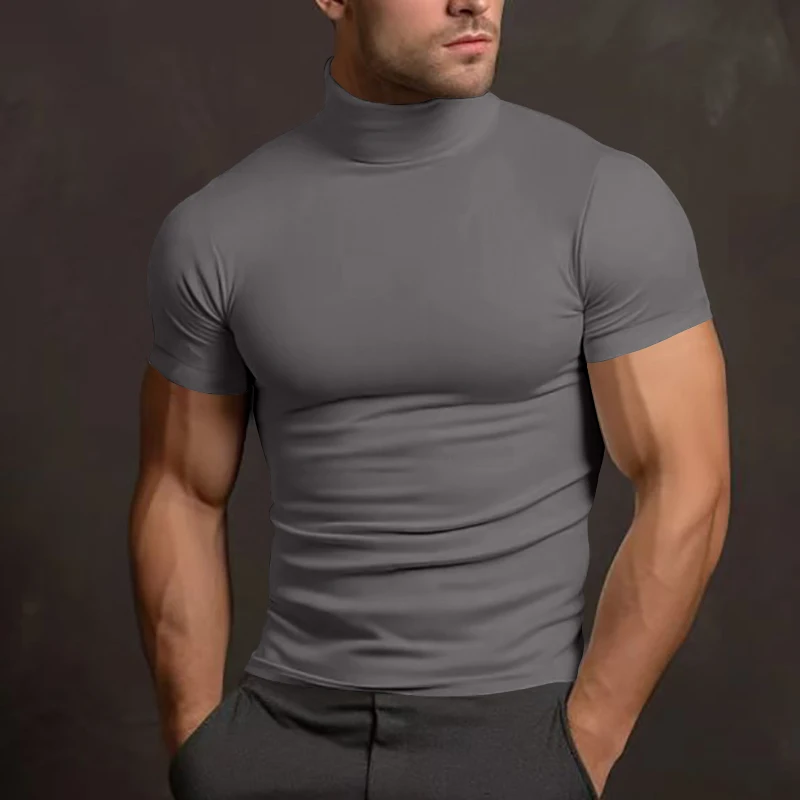 Summer short sleeved solid color elastic tight fitting shirt for men\'s T-shirt round neck running training fitness suit