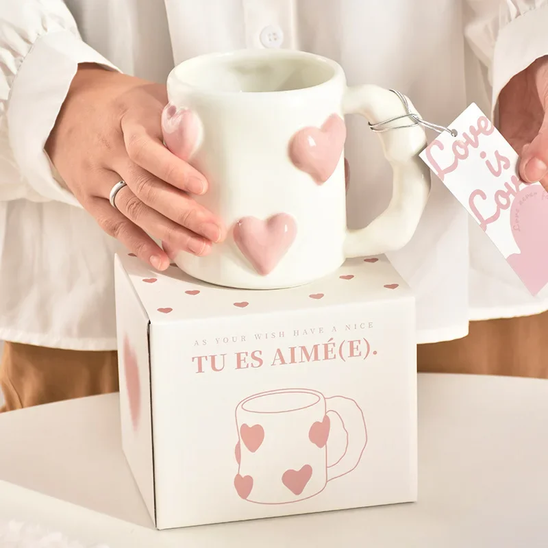 Heart Shaped Ceramic Mug Pink Aesthetic Cute Couple Coffee Cup for Home Use