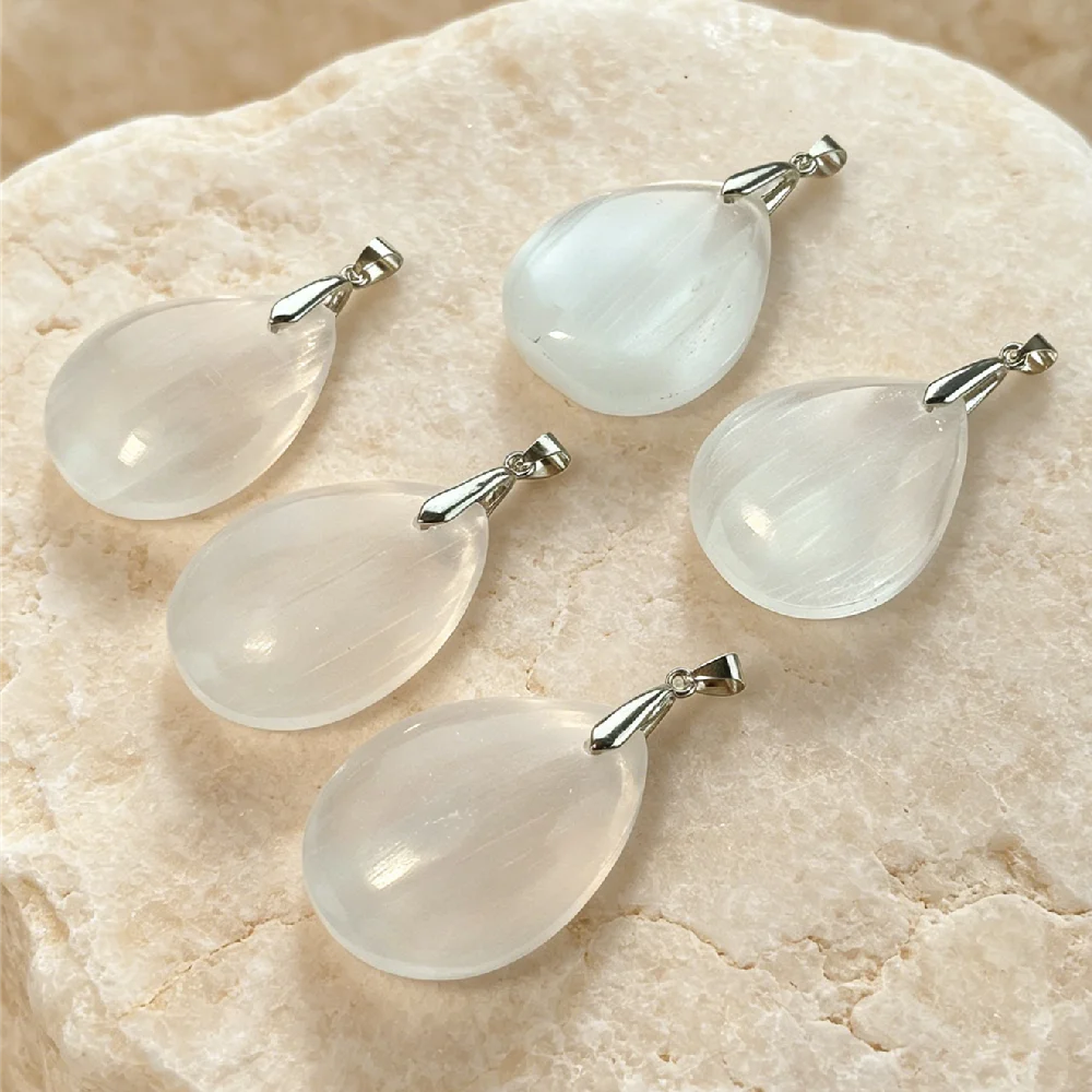 Silky Sheen Natural Selenite Teardrop Charms Silver Tone Crown Chakra Healing Single Bail DIY Beading Findings P2D115