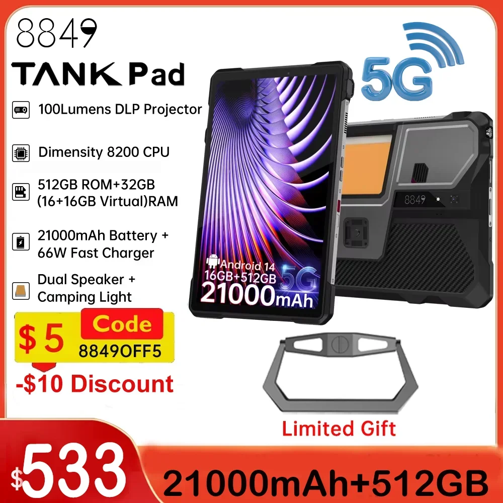 8849 TANK PAD Unihertz Rugged Projector Tablet Smartphone 10.95 inch 120Hz 32GB 512GB 21000mAh 32MP+50MP 66W Phone Tablet