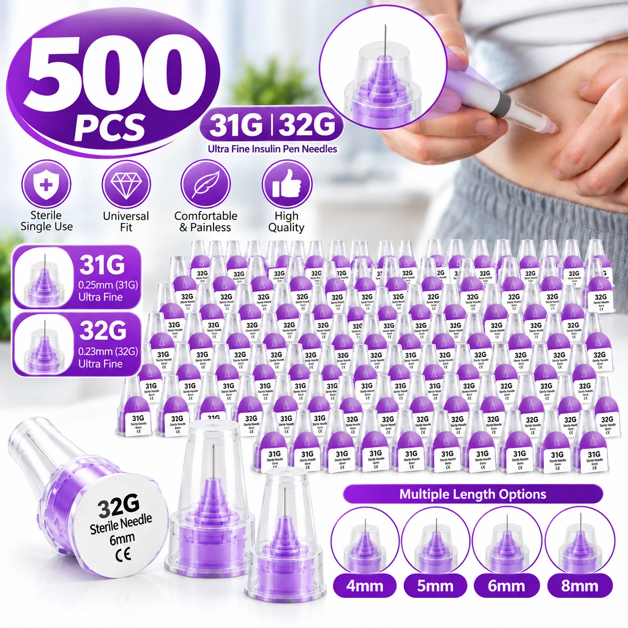 Disposable Insulin Pen Needles 4/5/6/8mm 31G 32G Universal for Insulin Injection Pens Sterile Single Use Fine Needle Accessories