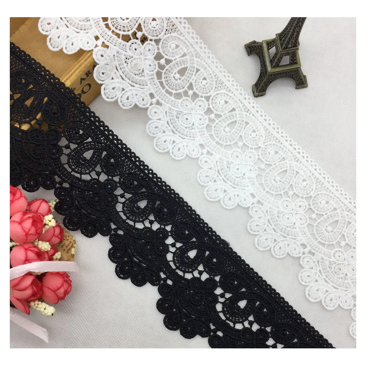 1 Yard White/Black Flower Embroidered Lace Edge Trim Ribbon Applique Sewing Craft For Wedding Bridal Dress Clothes