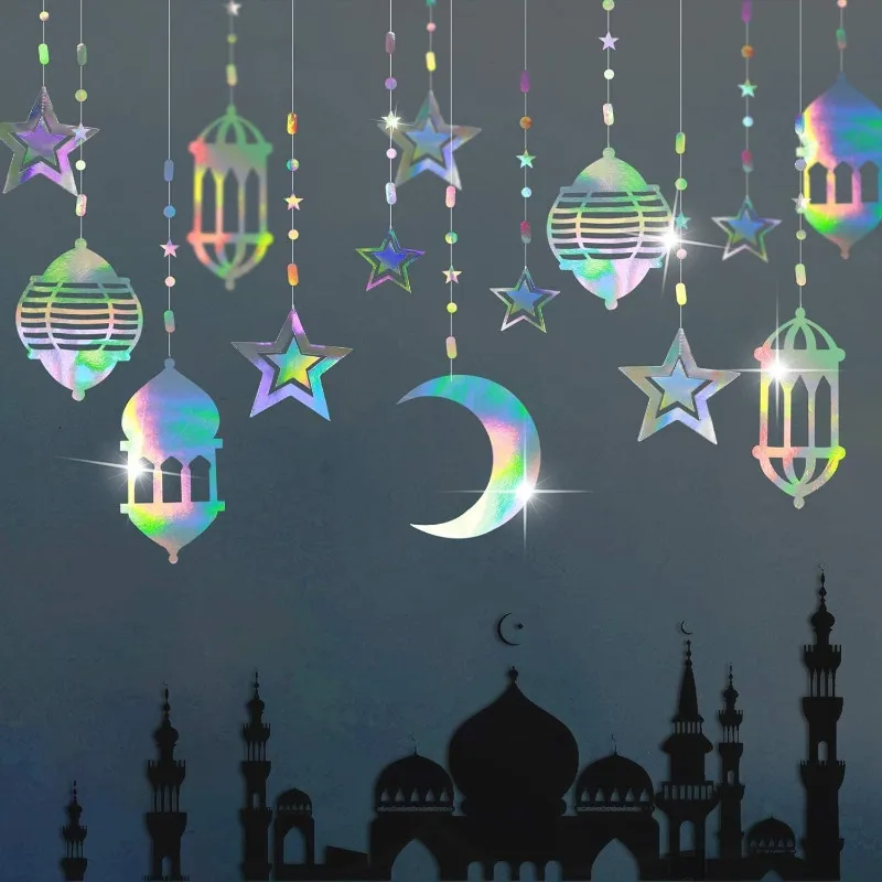 Iridescent Star Moon Lantern Hanging Garland Streamer Backdrop for Ramadan Eid Mubarak Home Wedding Birthday Party Decorations