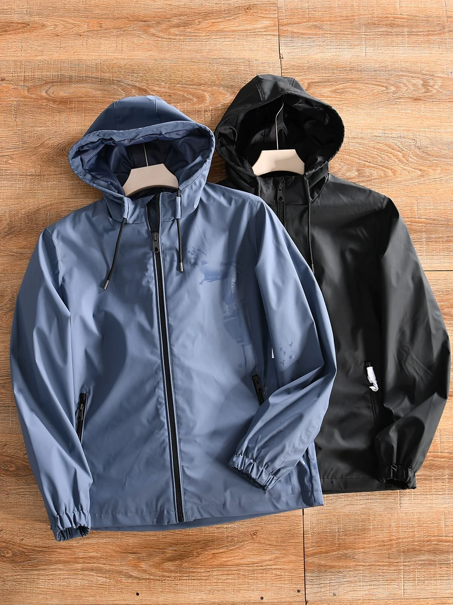 

Men's Casual Hooded Jacket Outerwear PU Coated Waterproof Warm Spring Fashion Standard Fit Outdoor Youth Polyester Fiber