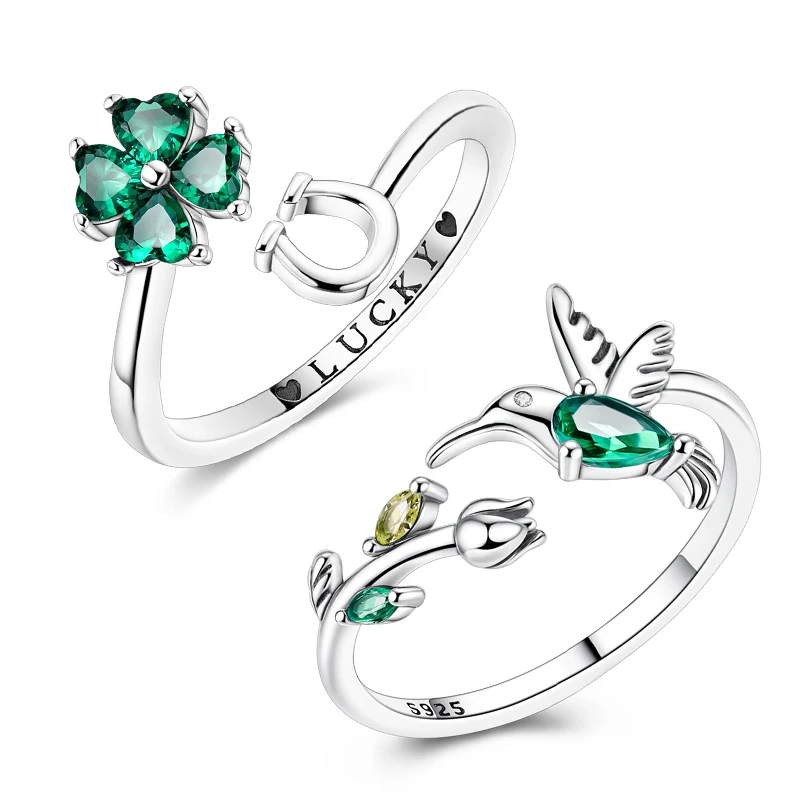 

Original 925 Sterling Silver Green Zircon Adjustable Size Lucky Four Clover Hummingbird Open Ring For Women Jewelry Party Gift