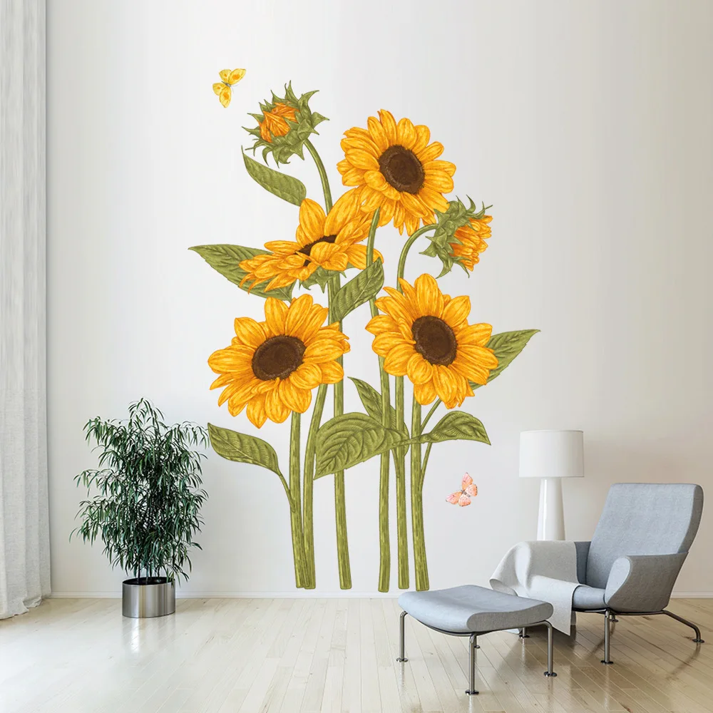 2 Pieces of Sunflower Butterfly Wall Stickers for Living Room, Bedroom, Decoration, PVC Back Self-Adhesive and Removable Sticker