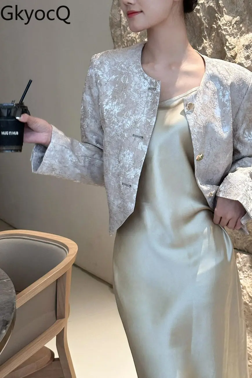 

2025 New Chinese Style Satin Slip Dress & Jacquard Short Jacket Set Elegant Floral Print Women Outfit Spring Vintage Suit