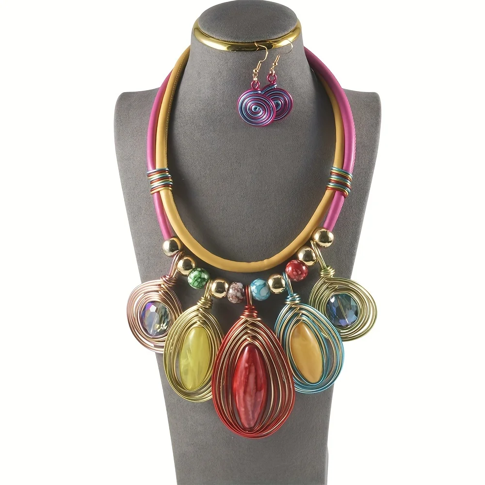 Ethnic Bohemian Style Necklace & Earring Set Vintage Colorful Chunky Necklace Dangle Earrings For Women Party Ornament Jewelry