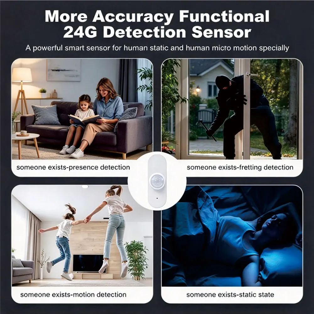 Zigbee 24G Radar Human Presence Motion Sensor TYPE-C/Battery Powered Home Assistant Z2M Temperature Humidity Brightness