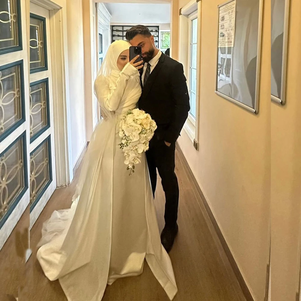 

Holy Wedding Dresses with Hijab Flare Sleeve High Neck Beach Bride Dress A-Line Sweep Trian Pleat Draped Bridal Gown Customized