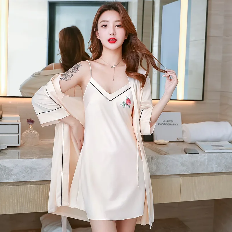 

Sexy pajamas women's summer thin ice silk new popular breathable suspenders nightdress nightgown set ladies homewear pajama