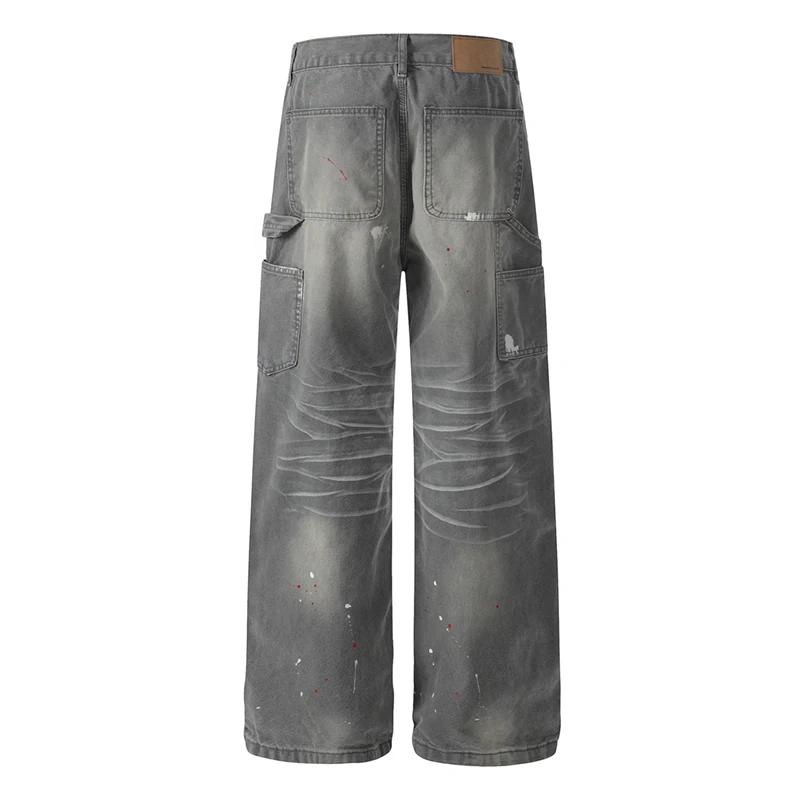 Refined Men's Baggy Denim Pants Casual Minimalist Paint Splatter Vintage Wash Gray Wide Leg High Street Jeans New