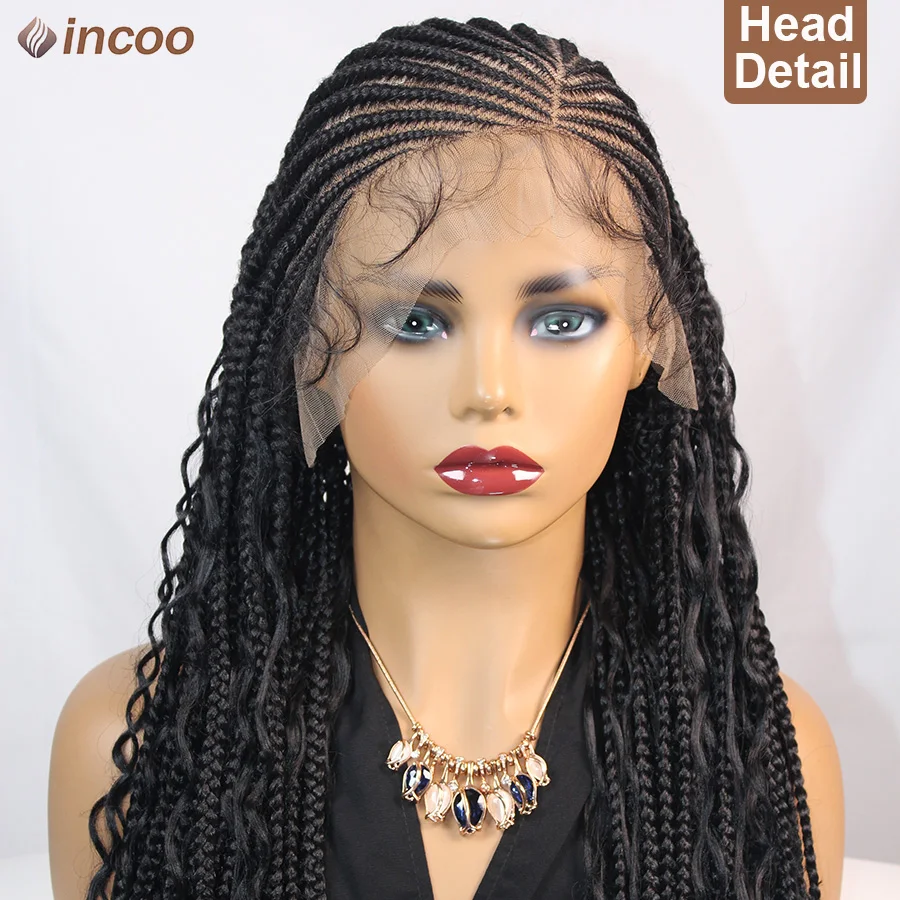 Incoo Boho Braided Wig Knotless Square Box Braids Wig Fulani Synthetic Full Lace Wigs Goddess Cornrow Braids With Curly Hair End