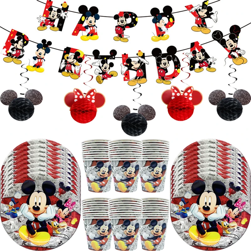 

Disney New Happy Mickey Mouse party Disposable tableware paper plate cup for kid boy girl favor Mickey plate banner party decor