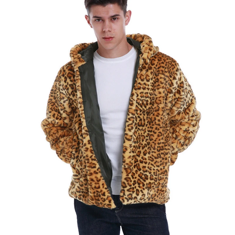 LUZHEN Leopard Pattern Men's Hooded Coat Faux Fur Long Sleeve Plush Thickened New In 2024 Casual Handsome Slim Jackets LZ8125