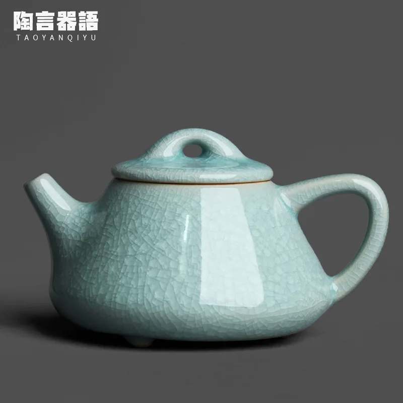 

Raw ore celadon ice flower glaze hand-held teapot handmade retro pottery ice chip cracked texture tea maker single pot