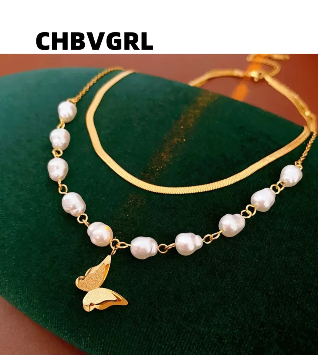 

Titanium steel cold style butterfly pearl pendant necklace French hot sale collar chain temperament luxurious accessories women