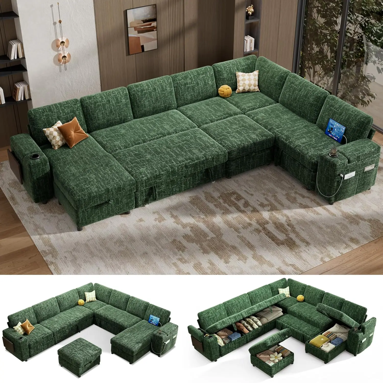 130" Modular Sleeper Sofa with Pull Out Bed, 9 Seat Chenille U Shaped Ottoman Chaise USB Cup Holders, Customized