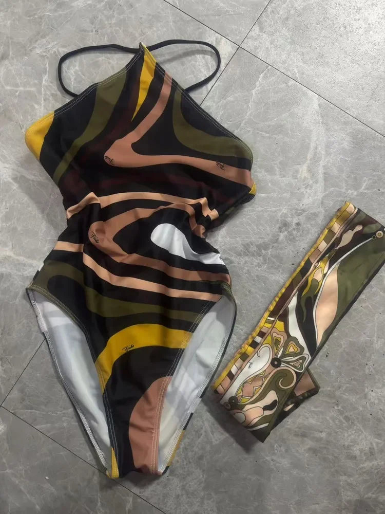 Damski dwuczęściowy strój kąpielowy bikini w paski z geometrycznym wzorem, jednoczęściowy strój kąpielowy