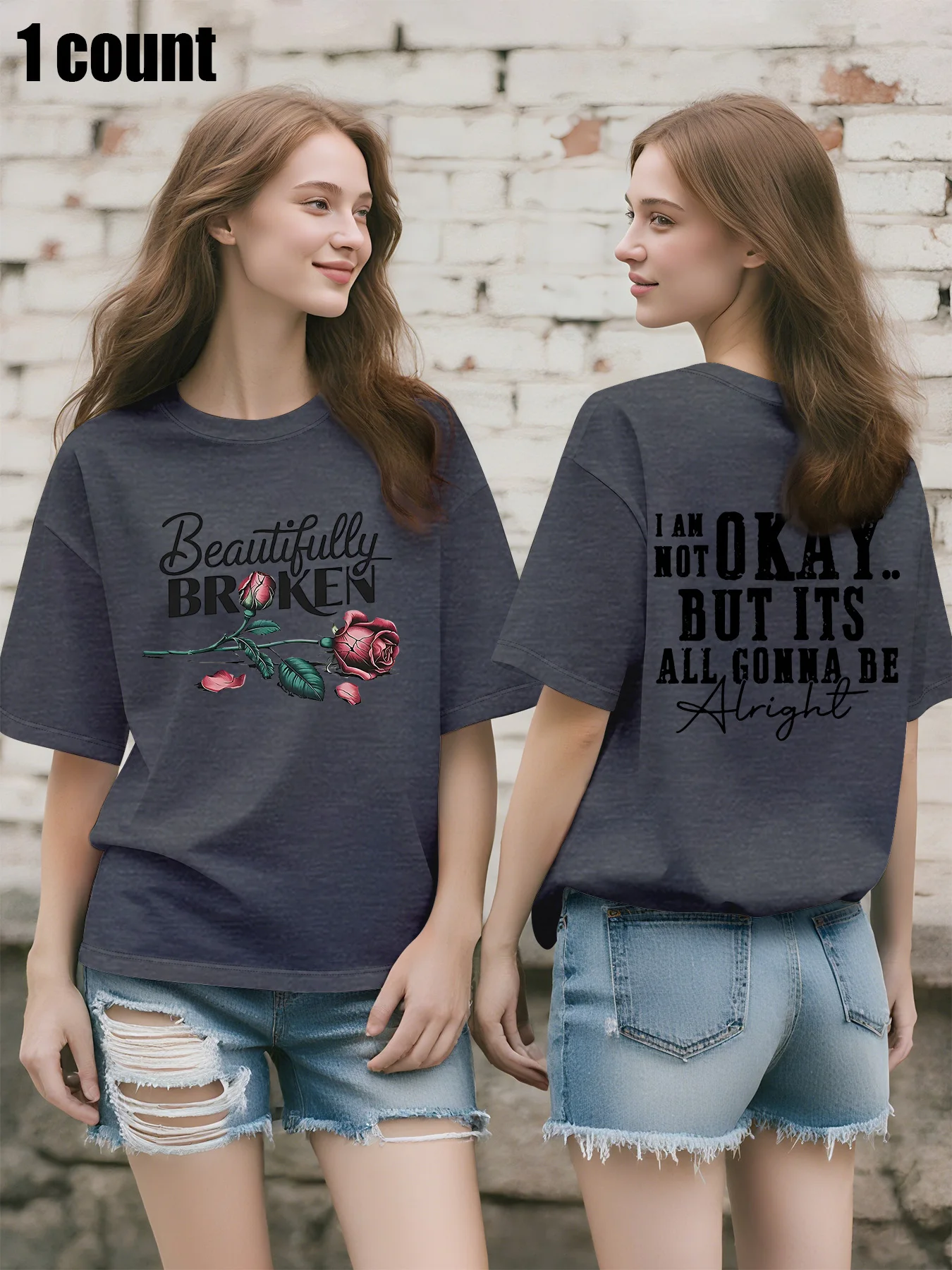 Plus Size Women's White Oversized T - Shirt, Front "Beautifully Broken" Rose Print, Casual Short - Sleeve Top