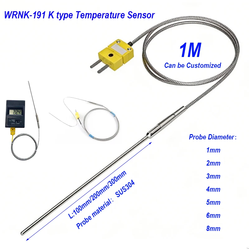 1PC K Type Temperature Sensor SUS304 Sheath Diameter 1mm 1.5mm 2mm 3mm 4mm 5mm 6mm 8mm X Insertion Depth 100mm 200mm 300mm