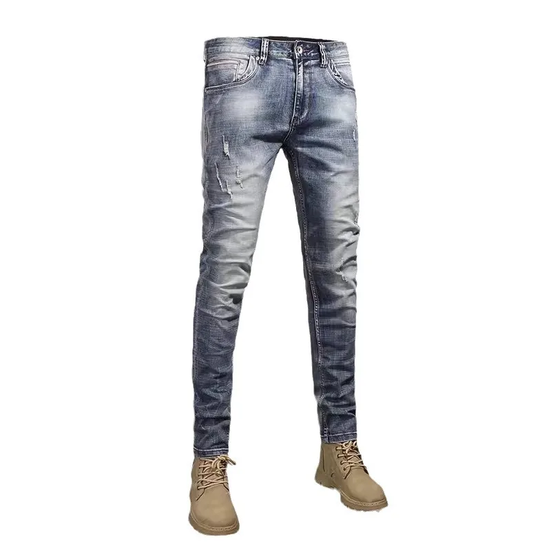 Fashion designer men's jeans, high-quality retro washed light blue elastic slim fit slit jeans, men's retro casual denim pants,