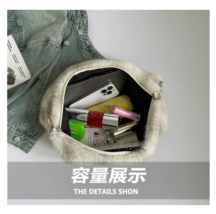 Luxus Faux Pelz frauen Eimer Schulter Taschen Mode Weiche Plüsch Weibliche Streifen Handtaschen Große Kapazität Damen Pelzigen Einkaufstasche – Detail 6